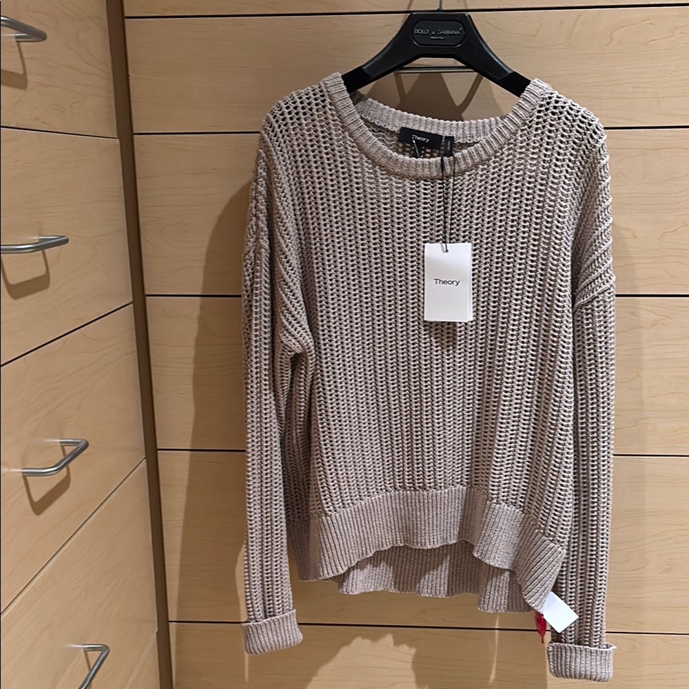 Theory Tan Ribbed Crew Neck Sweater